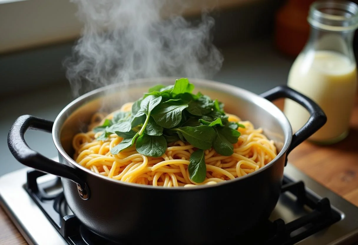 Gekochte Nudeln mit frischem Spinat für das einfache Spinat Nudeln Rezept.