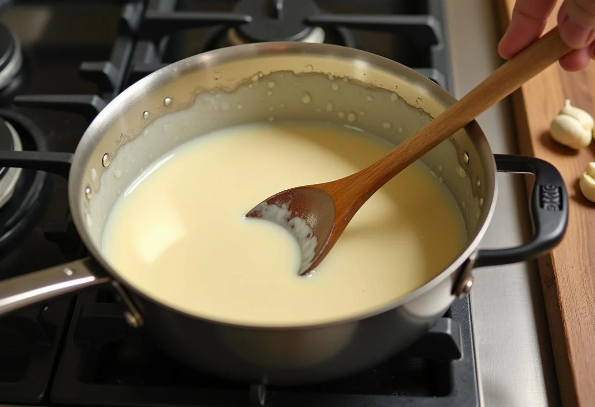 Sahnesauce wird in einem Topf für einfache Spinat Nudeln zubereitet.
