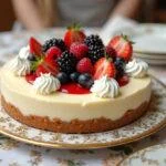 Fertiger kuchen ohne backen, dekoriert mit frischen Früchten und Sahne, ideal für jeden Anlass.