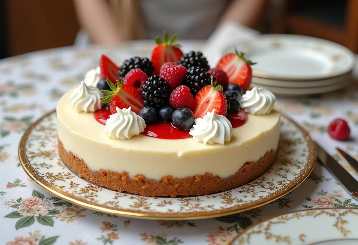 Fertiger kuchen ohne backen, dekoriert mit frischen Früchten und Sahne, ideal für jeden Anlass.