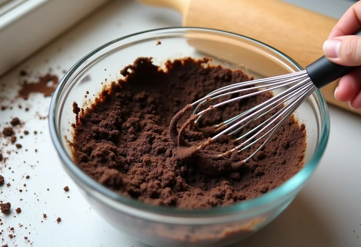 Kekse zerdrückt in einer Rührschüssel zur Zubereitung von kuchen ohne backen.