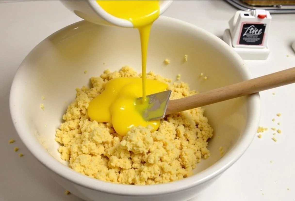 Geschmolzene Butter wird in die Keksmasse für kuchen ohne backen gegeben.