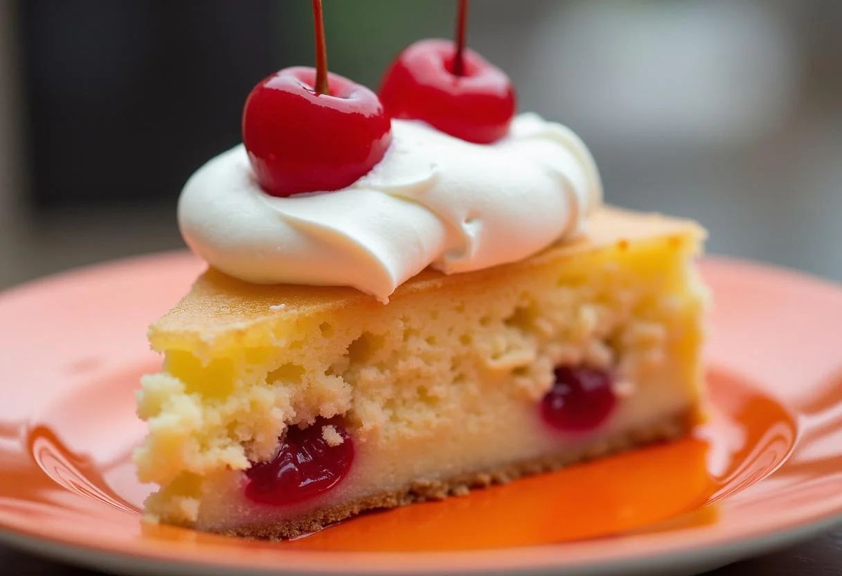 Fertiger Kirsch Pudding Kuchen auf dem Teller, perfekt für eine besondere Feier.