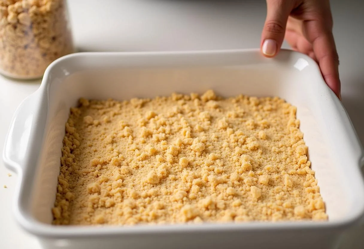 Grahamcrackerkrümel werden für den Boden des Streusel Pudding Kuchens verteilt.