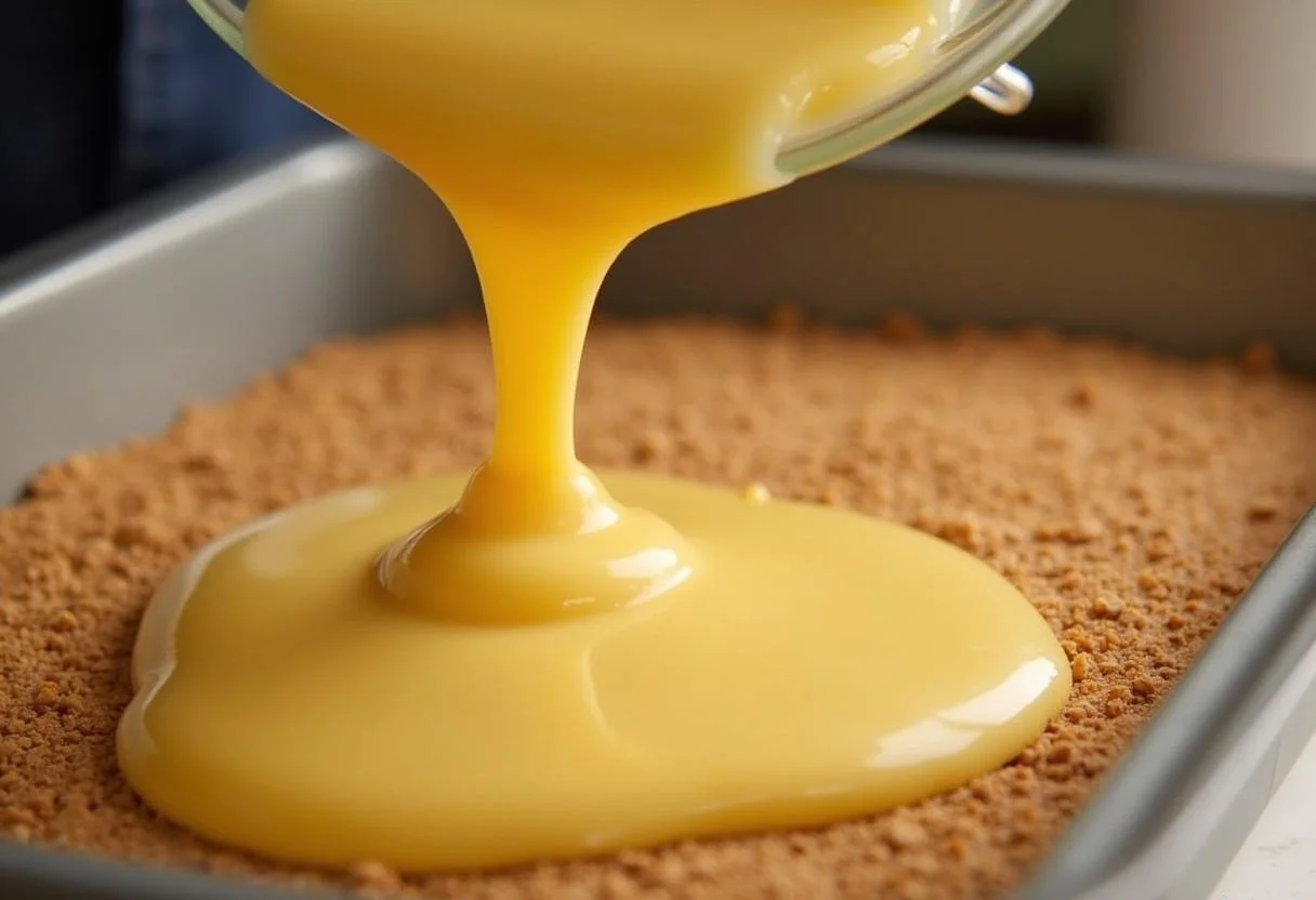 Pudding wird über die Grahamcracker-Schicht für den Kirsch Pudding Kuchen gegossen.