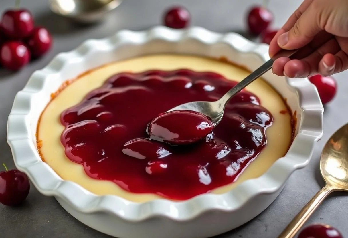 Kirschfüllung wird auf den Pudding für den Streusel Pudding Kuchen verteilt.