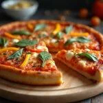 Fertiger Pizza Kuchen aus Quark Öl Teig, lecker und bunt belegt.