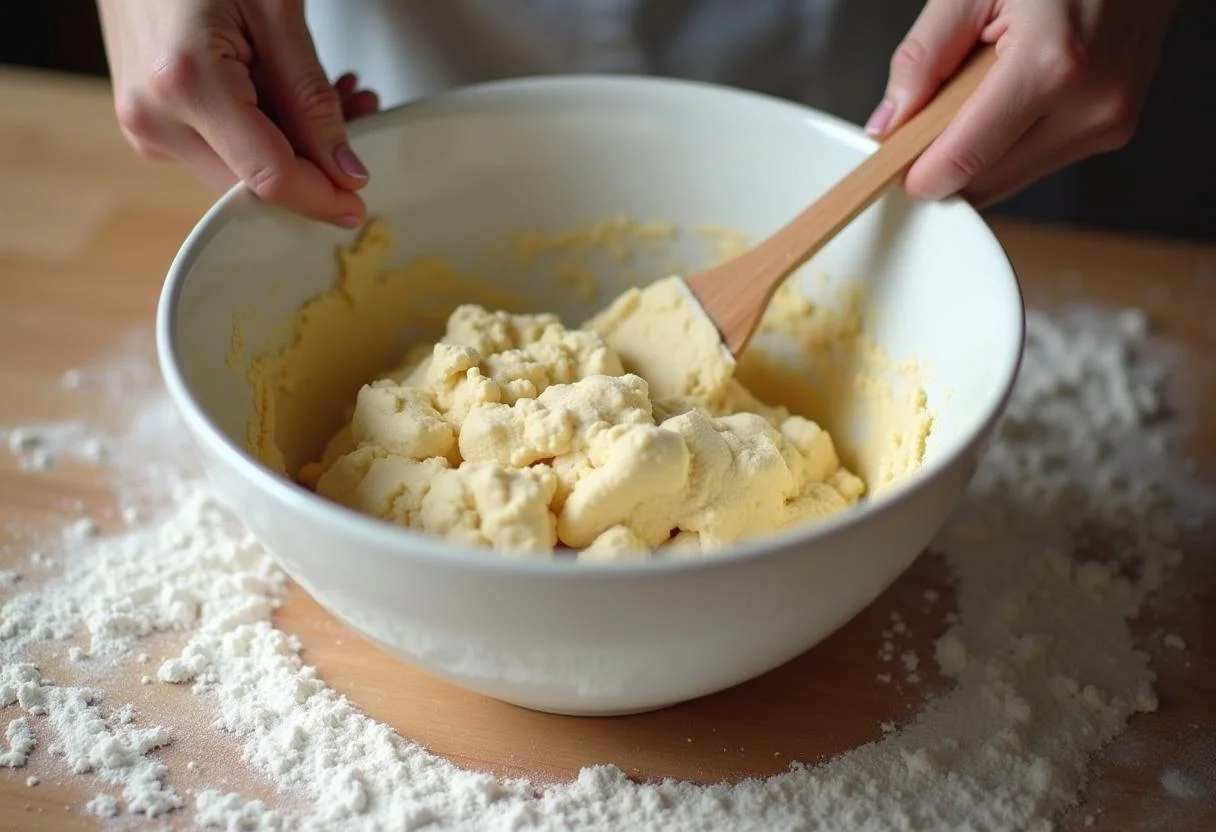 Quark Öl Teig für den Kuchen wird in einer Schüssel gemischt und geknetet.