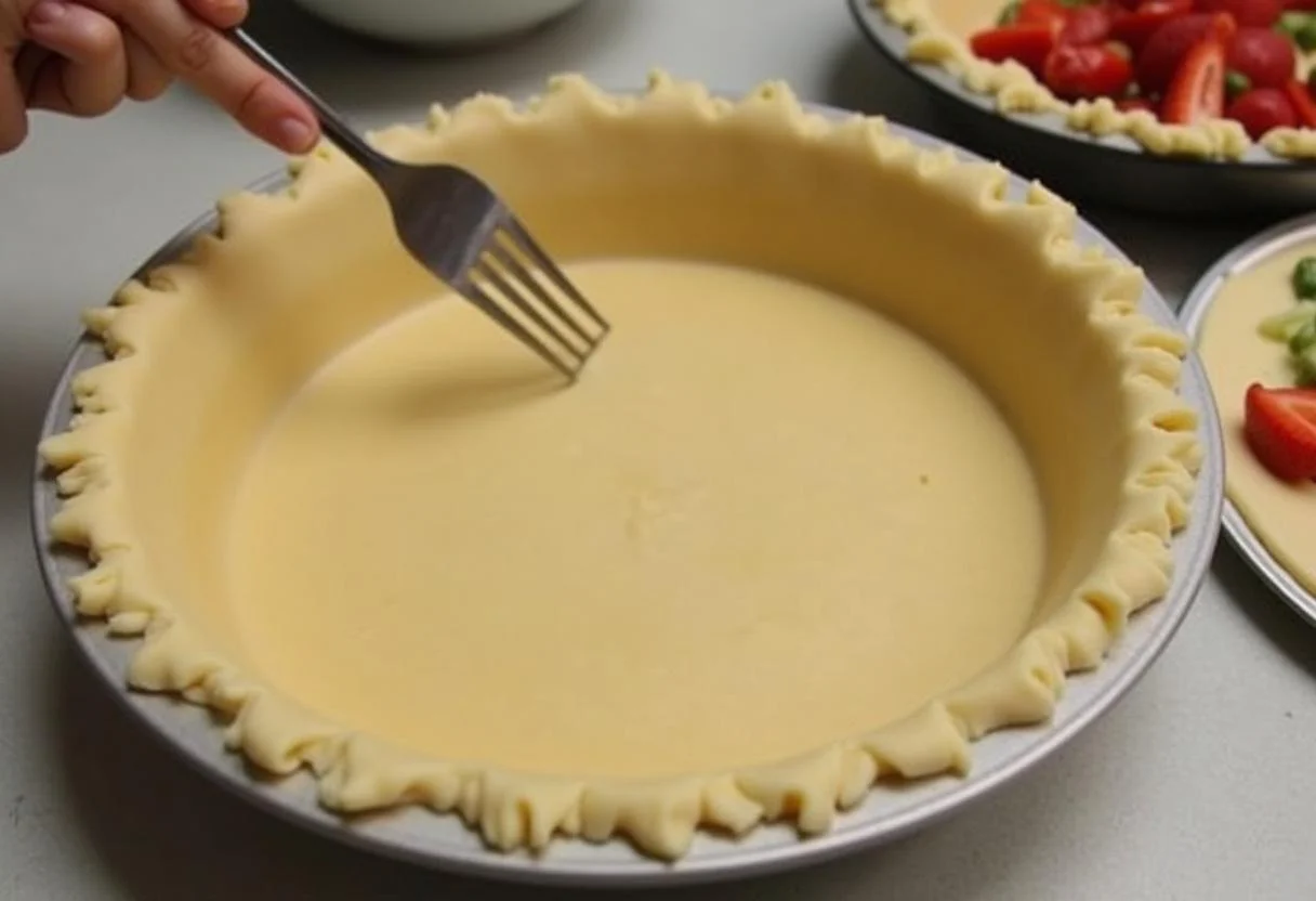 Der ausgerollte Quark Öl Teig wird in eine Kuchenform gelegt.