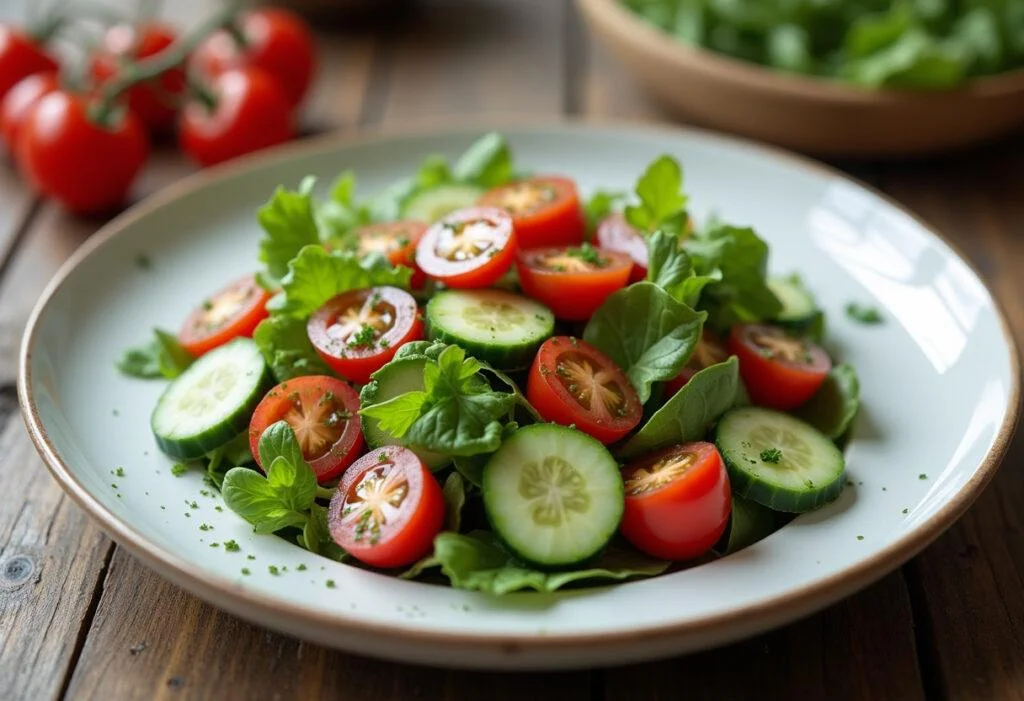 Fertiger einfacher Gurken mit Tomaten Salat, perfekt für jede Mahlzeit.