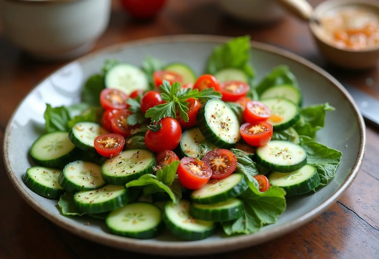 Fertiger einfacher Gurken mit Tomaten Salat, perfekt für jede Mahlzeit.