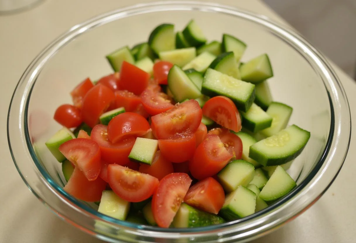 Gurken und Tomaten geschnitten für den einfachen Salat, ideal für ein frisches Gericht.
