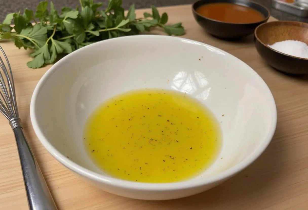 Dressing zubereitet aus Olivenöl und Essig für den Gurken Tomaten Salat.
