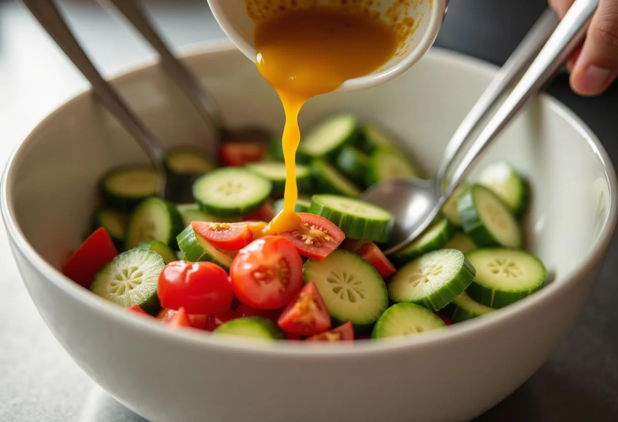 Gurken und Tomaten werden mit dem Dressing für den einfachen Salat vermischt.