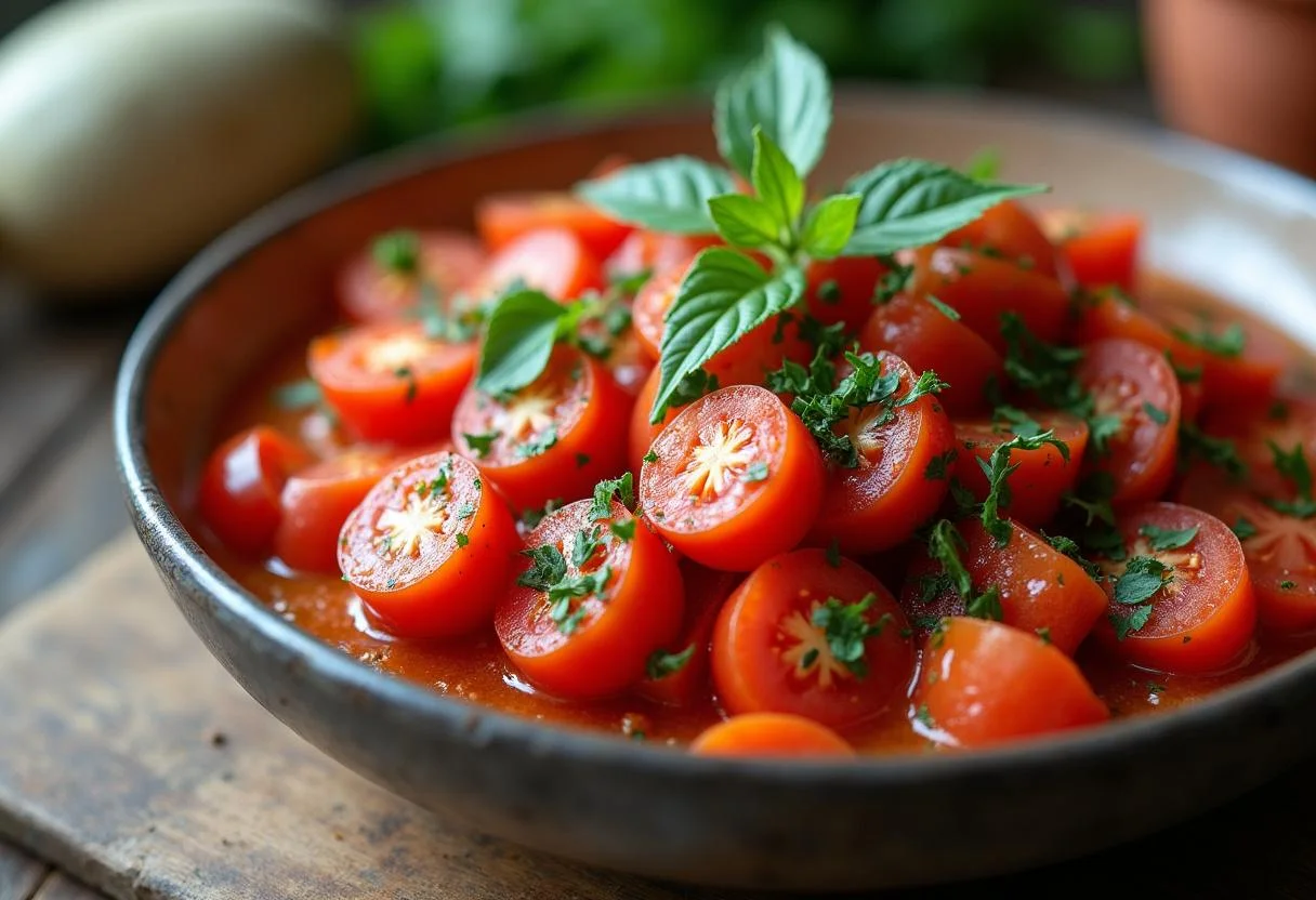 Finished einfacher Tomatensalat mit Zwiebeln, perfect for summer meals and gatherings.