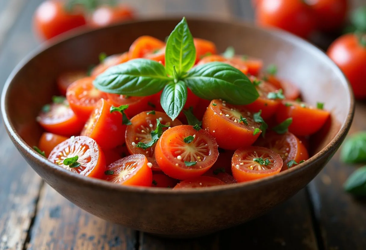 Fertiger einfacher Tomatensalat mit Zwiebeln, perfekt für Sommergerichte und Zusammenkünfte.