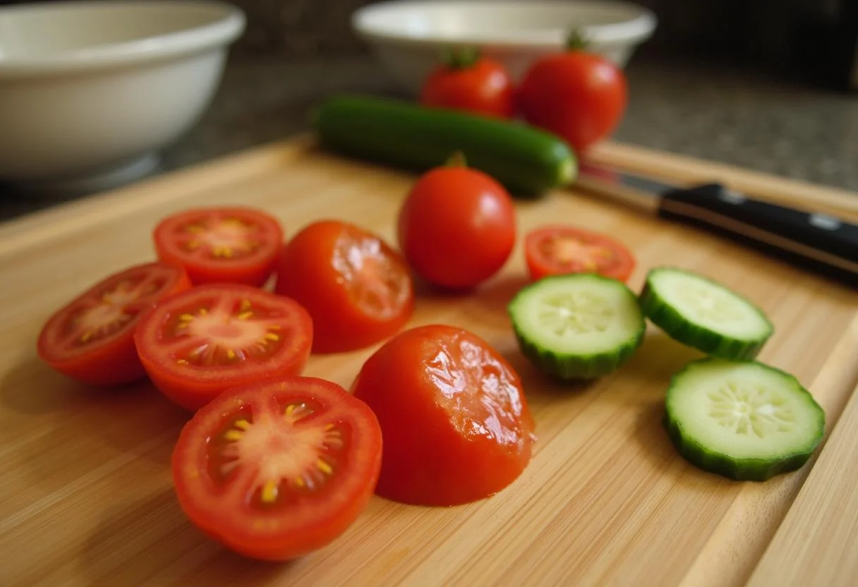 Frische Gurken und Tomaten werden für einen erfrischenden Gurken Tomaten Salat geschnitten.
