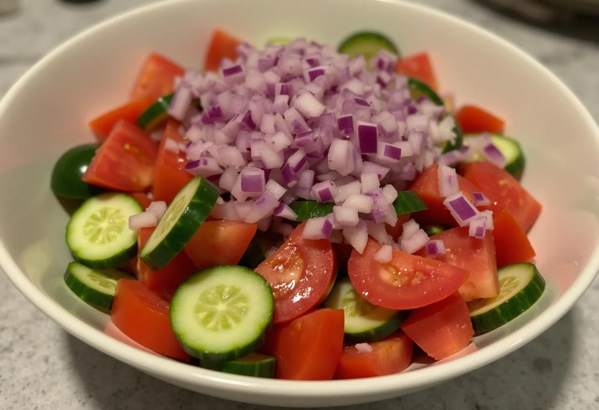 Gehackte Zwiebeln werden der Gurken-Tomaten-Mischung für einen geschmackvollen Gurken mit Tomaten Salat hinzugefügt.