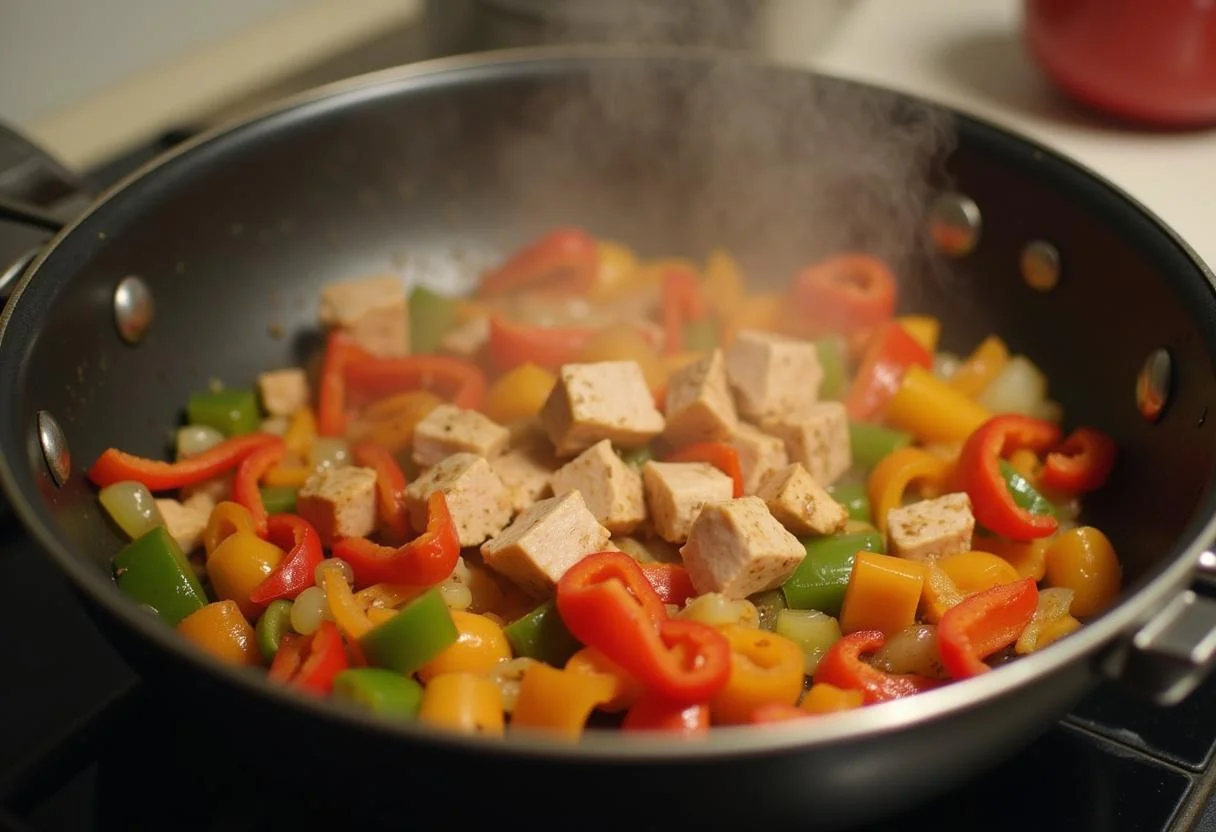 Diced chicken sautéing with vegetables in a one pot hähnchen reis rezept.