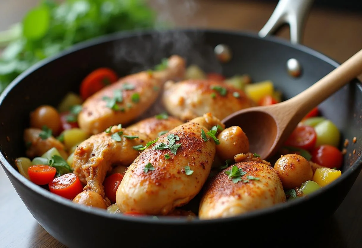 Mixing seasoned chicken and vegetables for ein einfaches hähnchen reis rezept.
