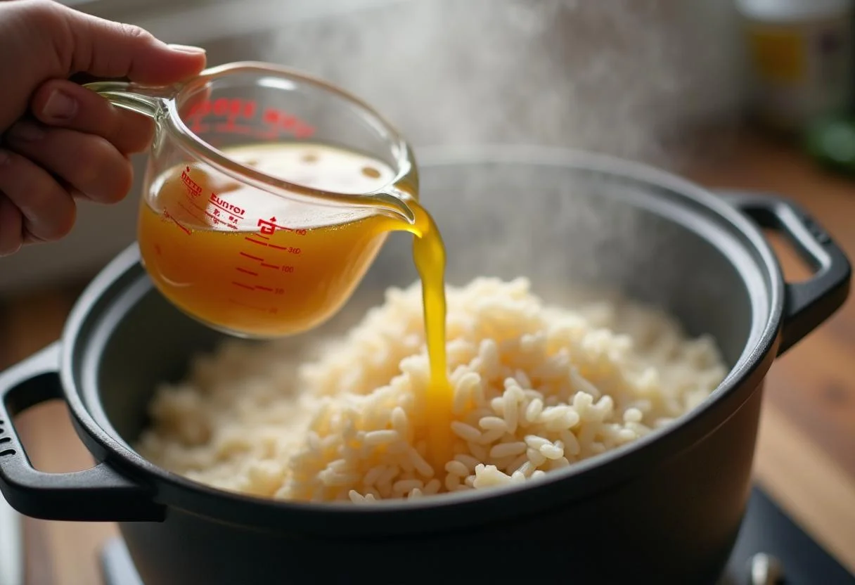 Adding rice and broth to the hähnchen reis rezept for a one pot meal.