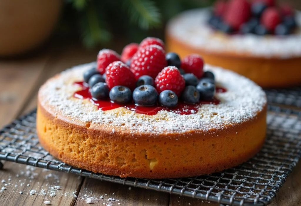 Fertiger Kuchen für Anfänger, dekoriert mit Puderzucker und frischen Beeren.