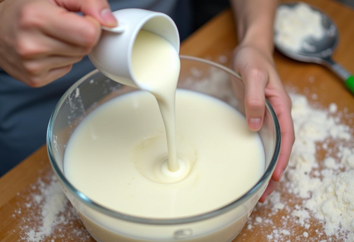 Milch wird in die Quarkmischung für das Rezept Korken hinzugefügt.