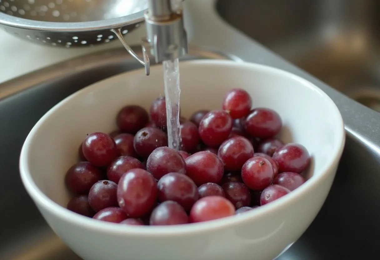 Frische Trauben werden gewaschen für das einfache Trauben Dessert mit Mascarpone Creme.