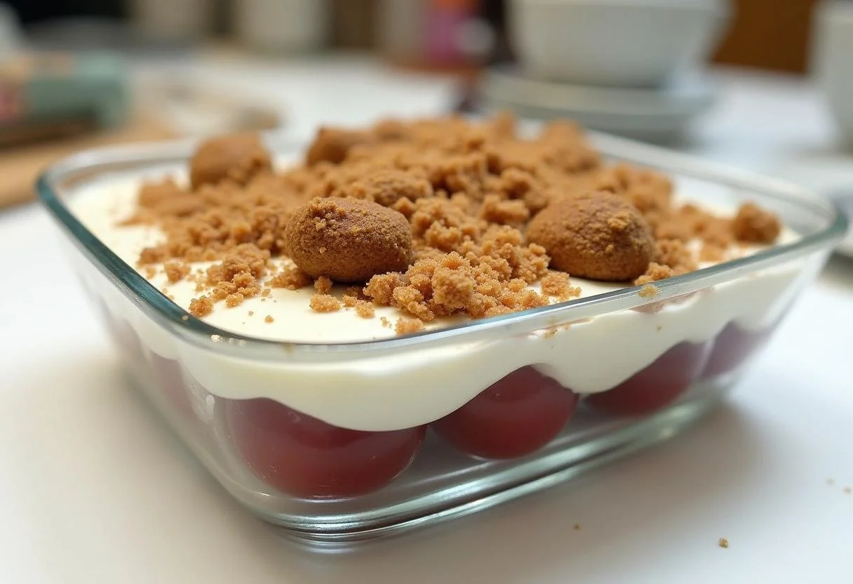 Schichten von Trauben und Mascarpone Creme für ein köstliches Trauben Dessert mit Cookies.