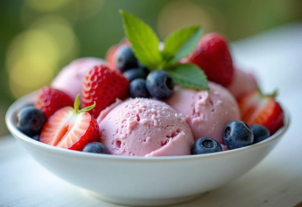 Fertiges Joghurt Eis mit frischen Beeren, ideal für Sommerpartys.