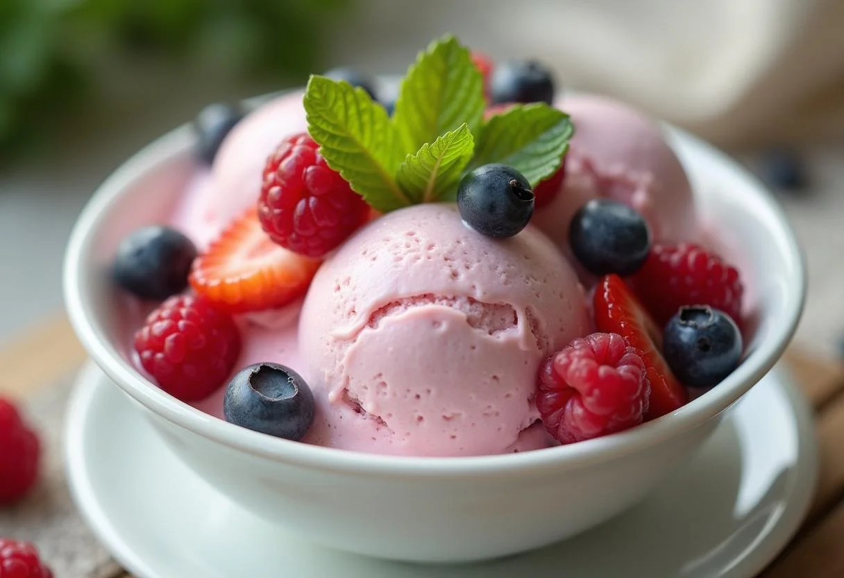 Fertiges Joghurt Eis mit frischen Beeren, ideal für Sommerpartys.