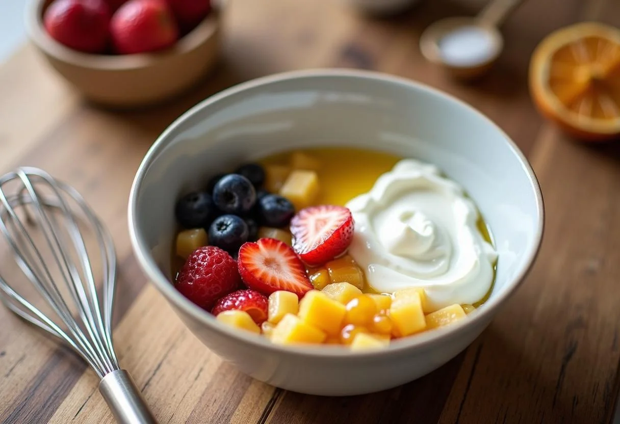 Zutaten für Joghurt Eis selber machen in einer Schüssel gemischt.
