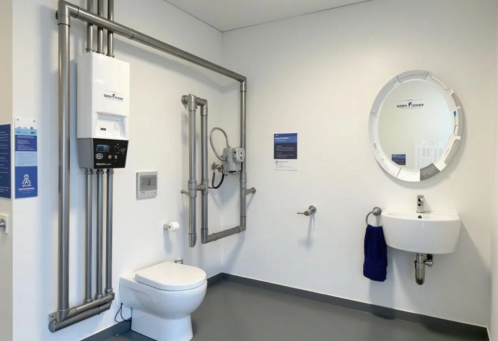 Showroom featuring Eisen Fischer sanitation and heating systems, exemplifying quality and reliability.
