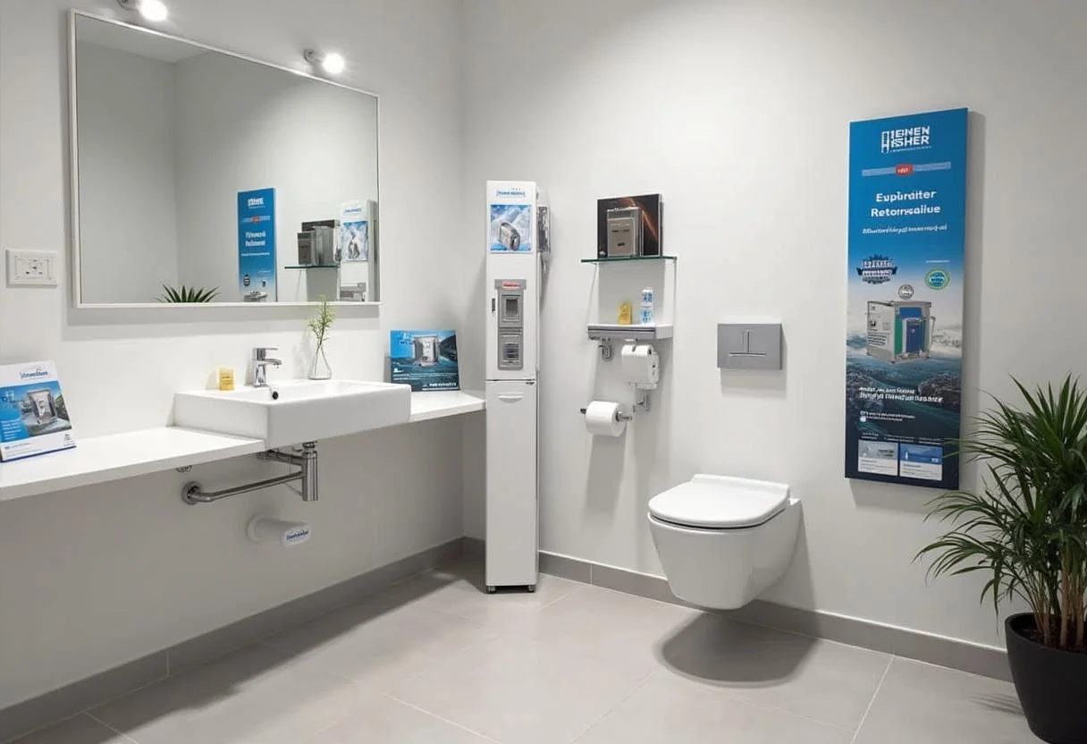 Showroom featuring Eisen Fischer sanitation and heating systems, exemplifying quality and reliability.