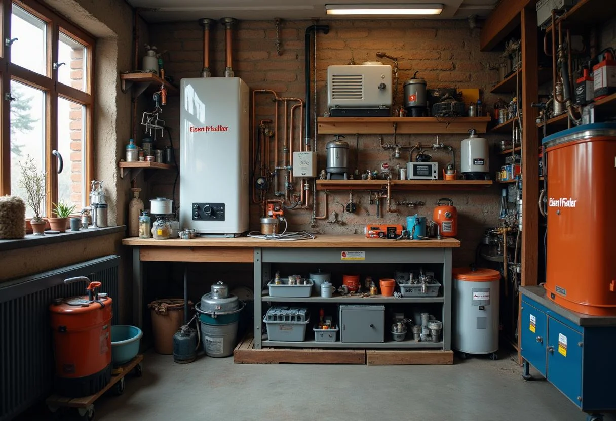 Eisen Fischer equipment displayed in a workshop, representing sanitation and heating supplies.