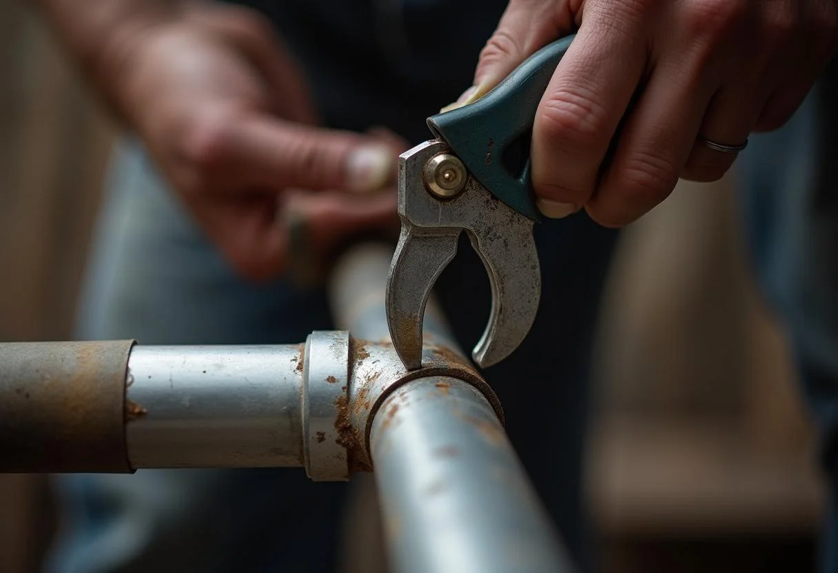 Cutting a heating pipe for Eisen Fischer installation in a plumbing project.