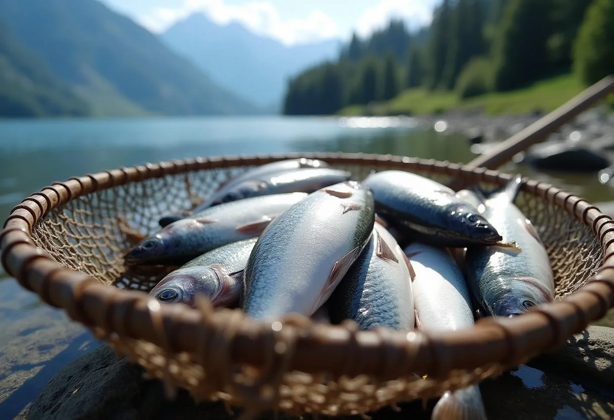 Freshly caught fish displayed in a net, emphasizing the rewarding experience of fischen im allgäu ferienwohnung.