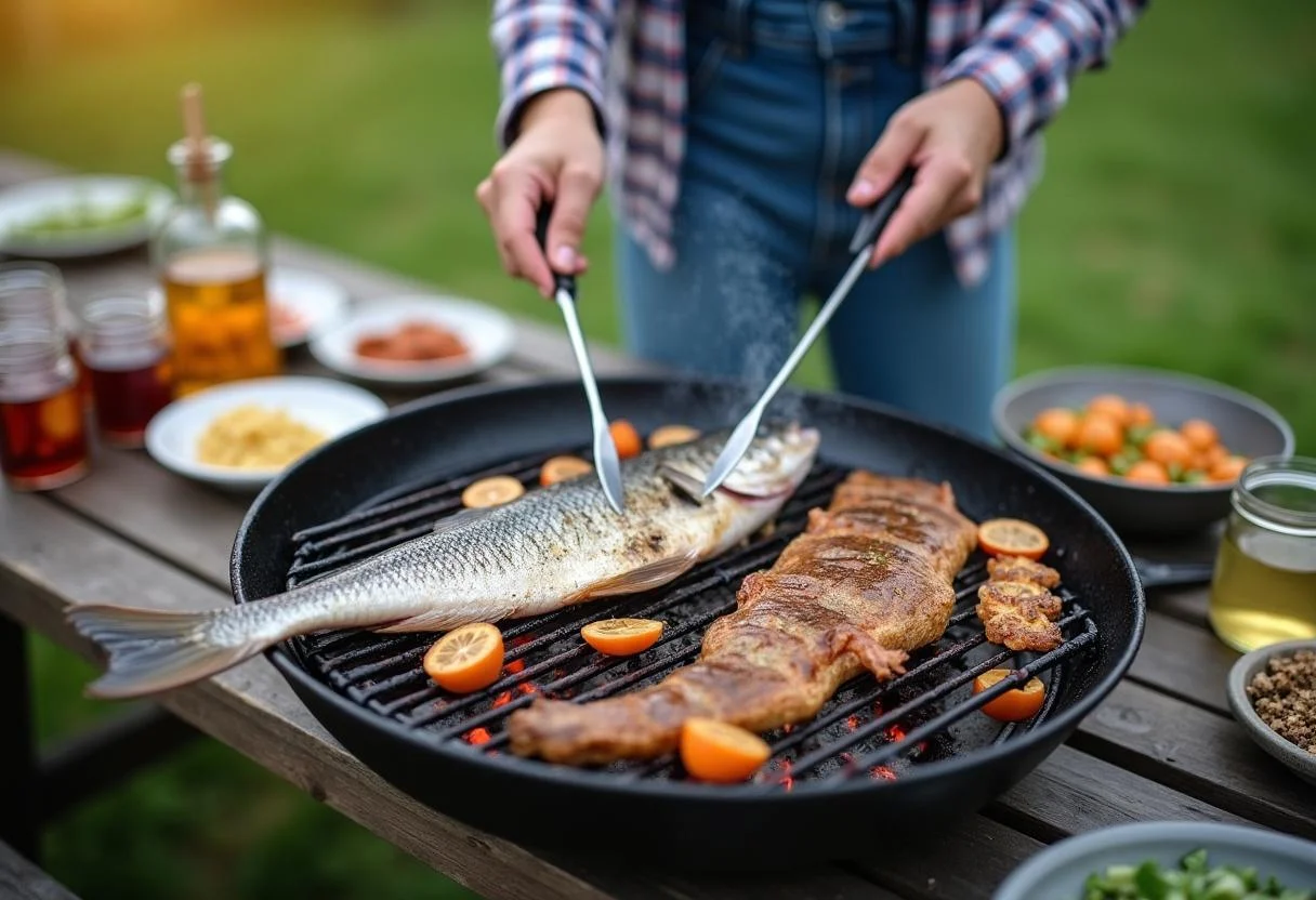 Grilling freshly caught fish outdoors, an ideal way to enjoy the catch from fischen allgäu restaurants.