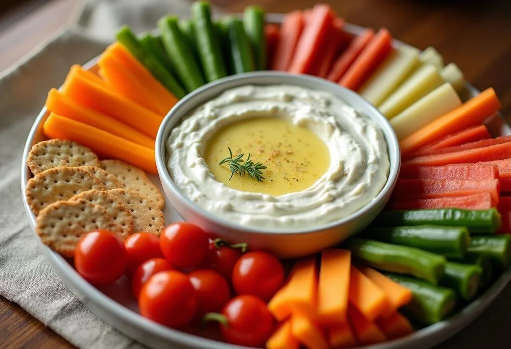 Fertiger Zitronen Joghurt Dip auf einer Platte, ideal für Feiern.