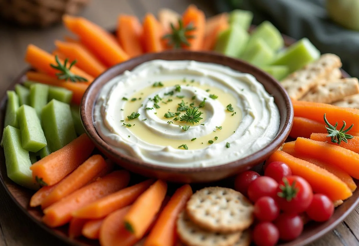 Fertiger Zitronen Joghurt Dip auf einer Platte, ideal für Feiern.