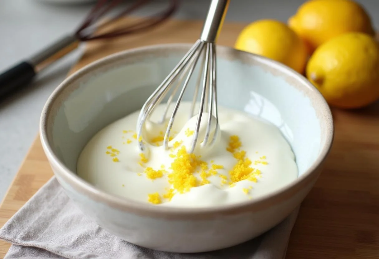 Zitronen Joghurt in einer Schüssel für den Erfrischenden Zitronen Joghurt Dip.