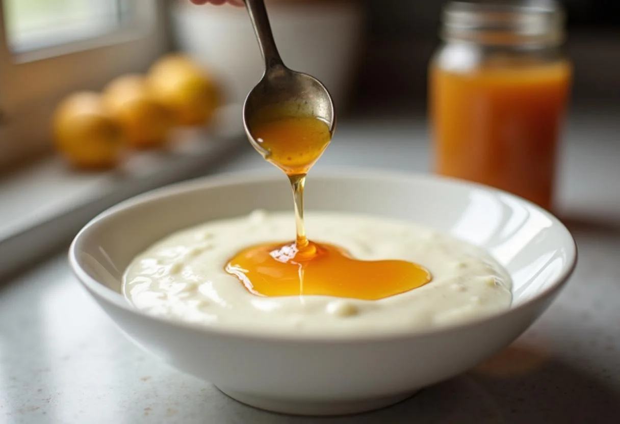 Honig wird in den Zitronen Joghurt für den Dip hinzugefügt.