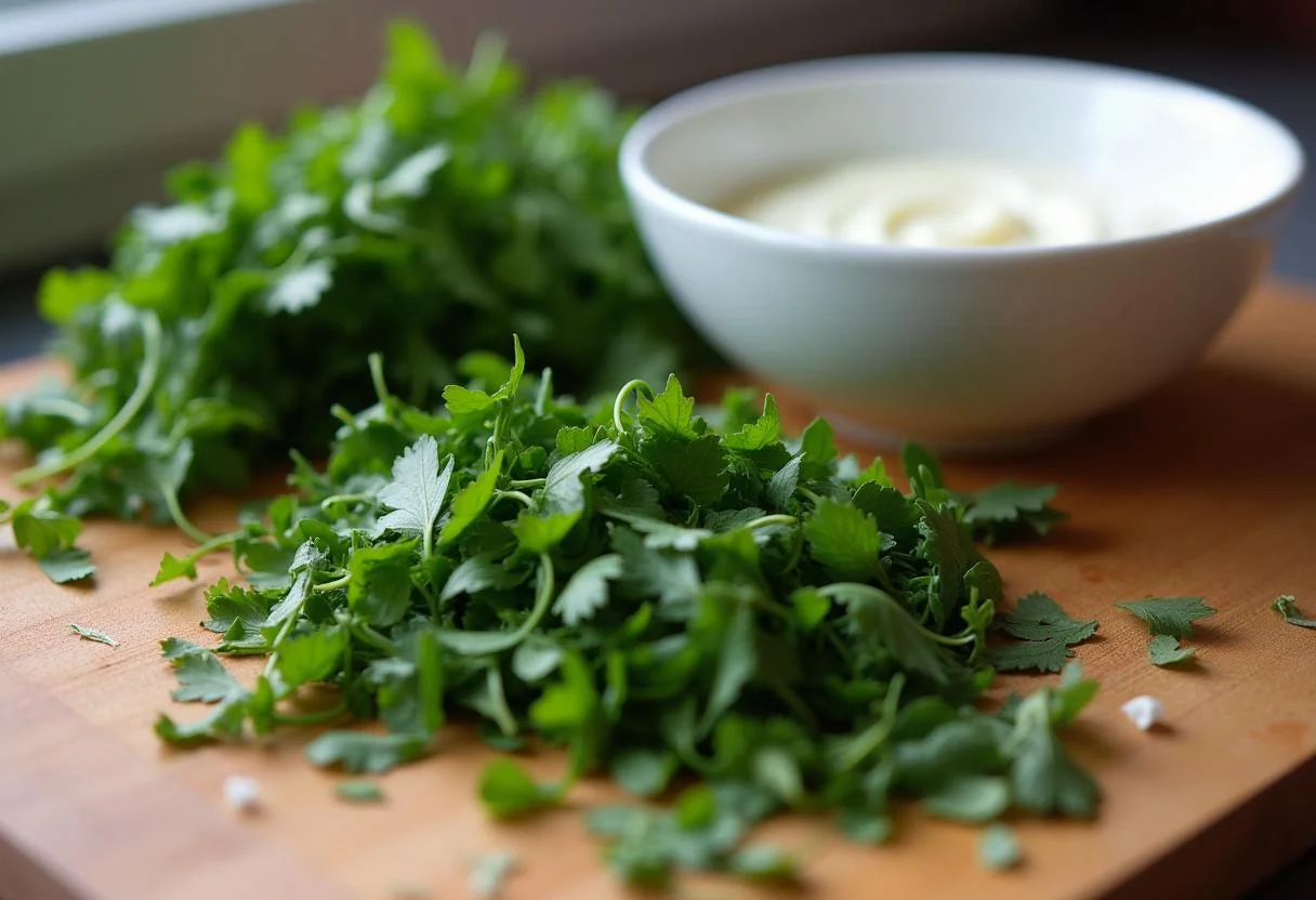 Frische Kräuter für den Erfrischenden Zitronen Joghurt Dip werden vorbereitet.