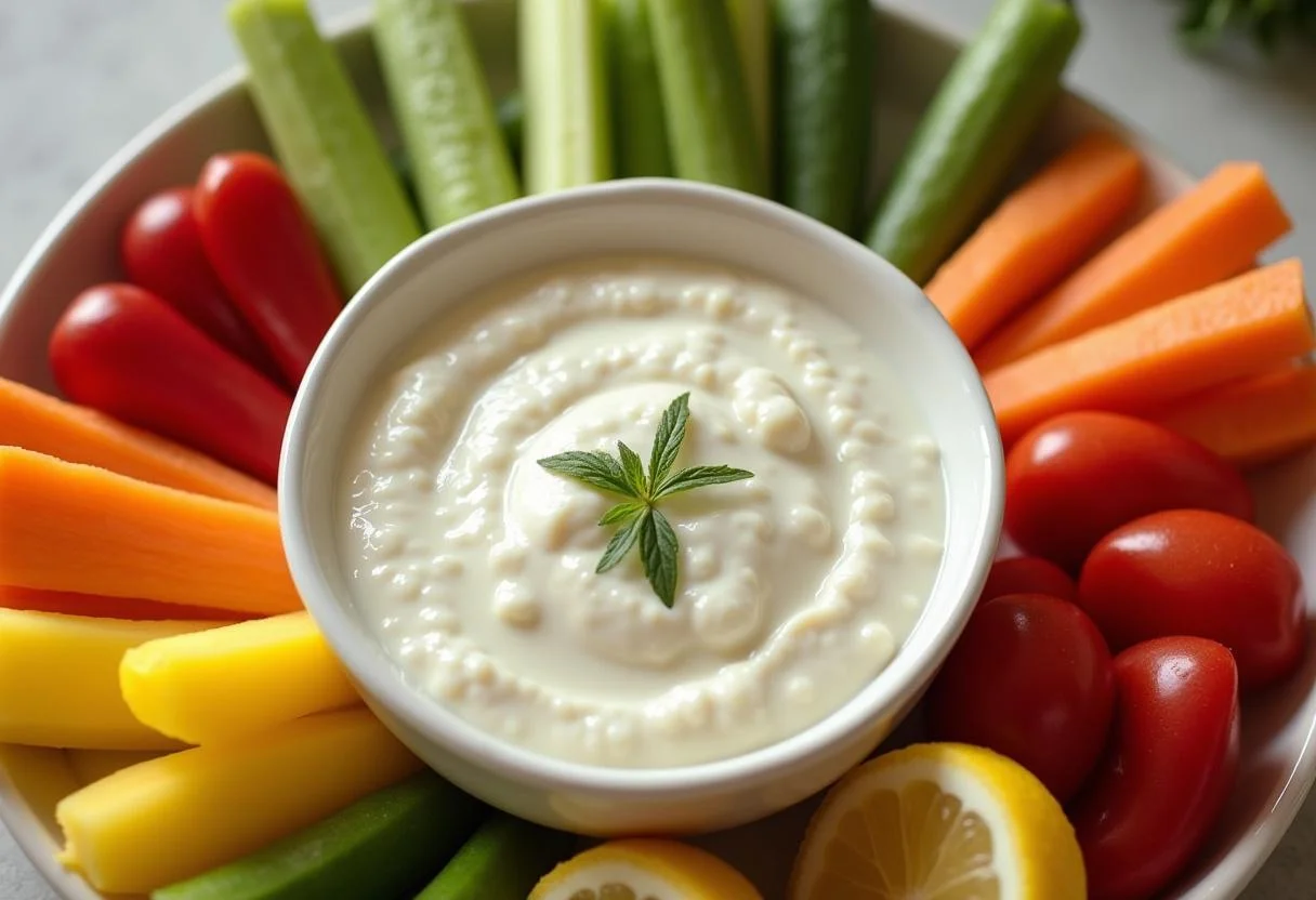 Zitronen Joghurt Dip wird in eine Schüssel gefüllt, bereit für das Servieren.