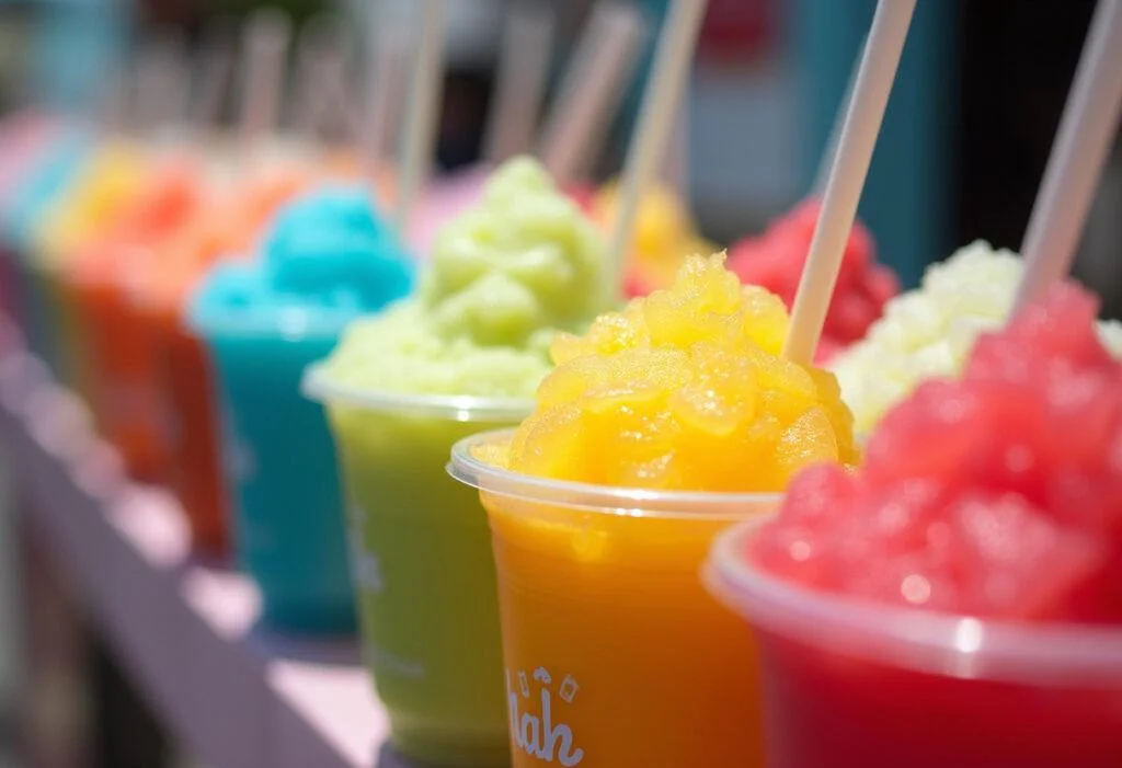 Vielfältige Stände von slush eis selber machen für heiße Sommertage.