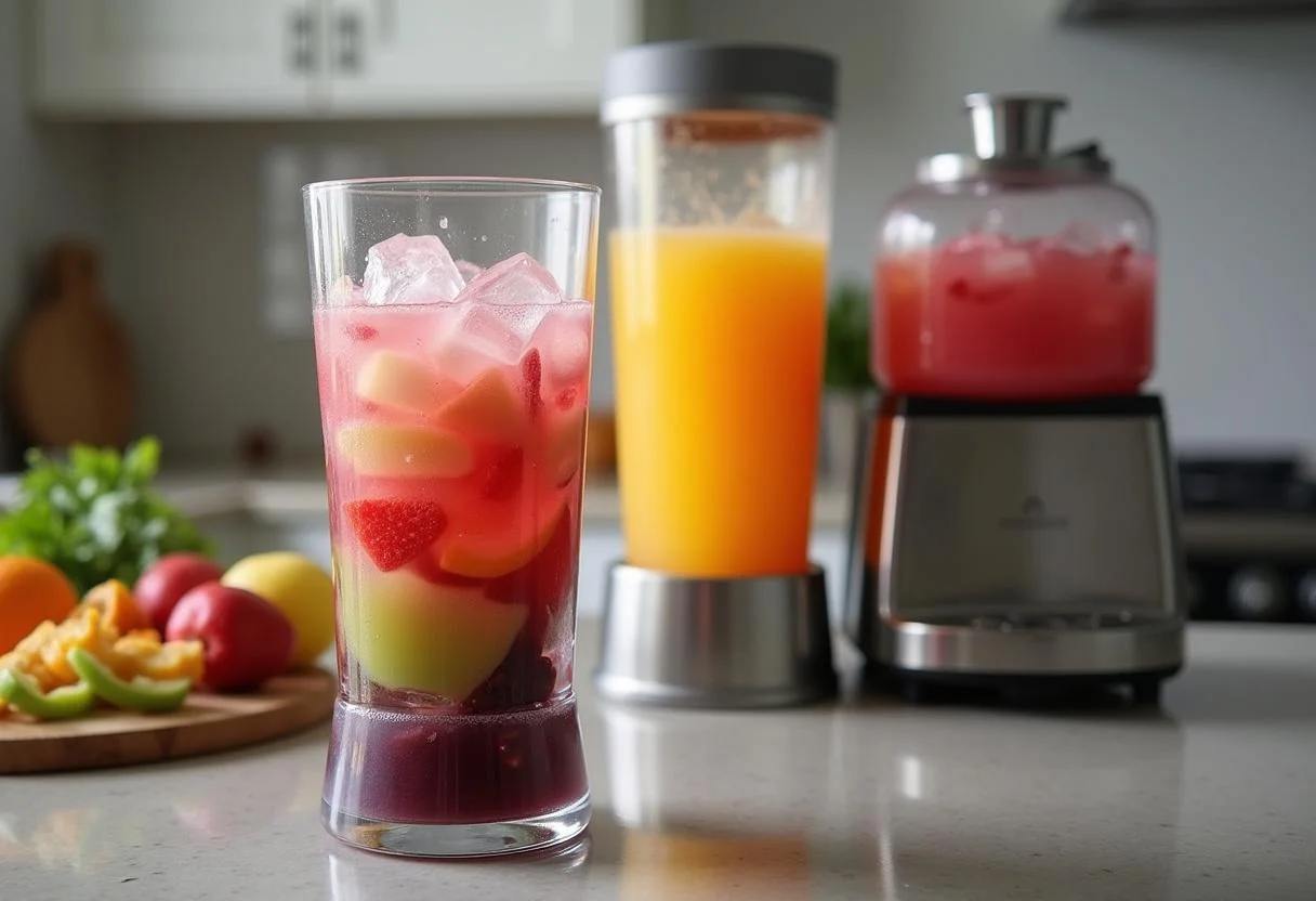 Zutaten für das slush eis selber machen in einem Mixer bereitgestellt.