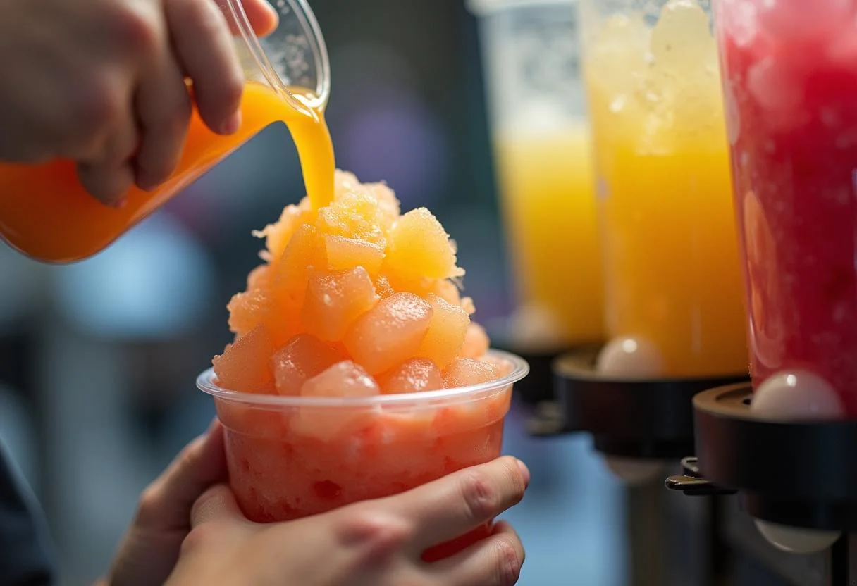 Fruchtsaft und Eis Mischung wird für slush eis in ein Glas gegossen.
