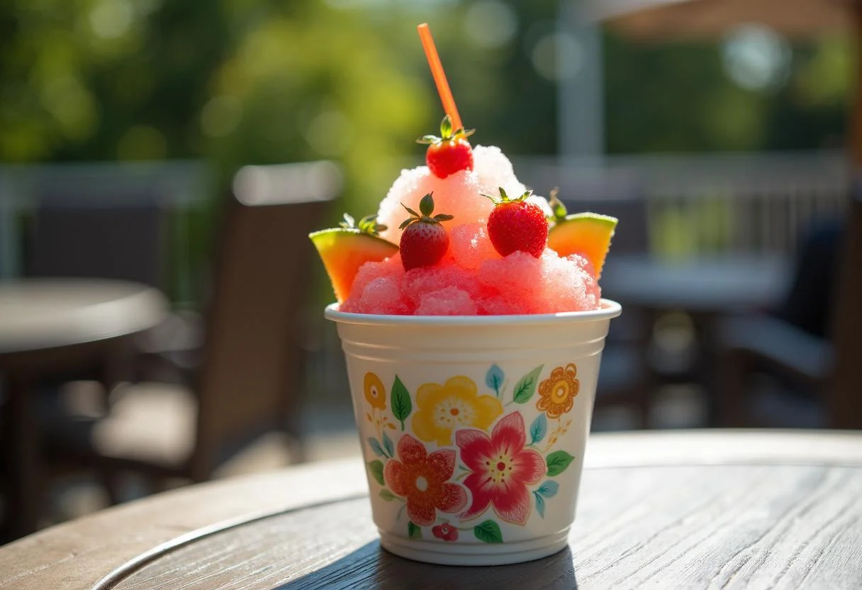 Fertiges slush eis selber machen in einem dekorativen Glas mit frischen Früchten.