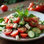 Fertig zubereiteter Frischer Salat mit Tomaten, Gurken und Feta, ideal für jede Mahlzeit.