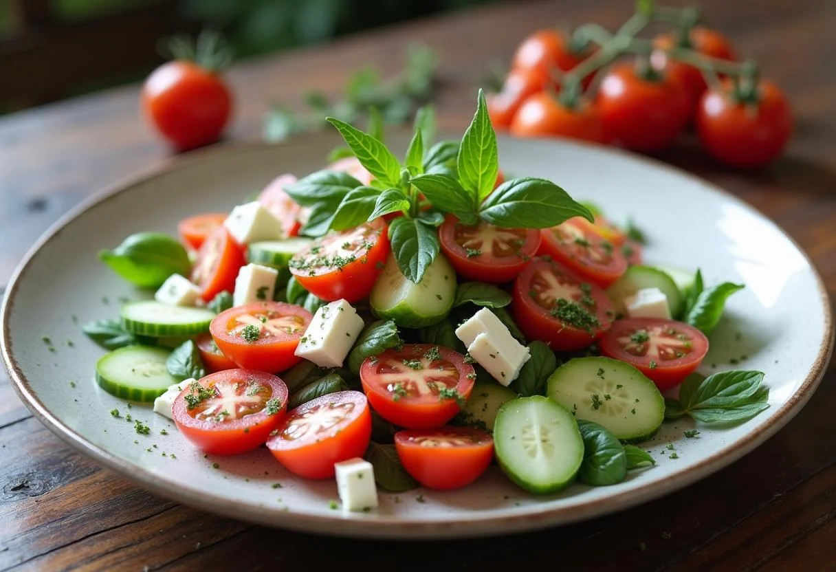 Fertig zubereiteter Frischer Salat mit Tomaten, Gurken und Feta, ideal für jede Mahlzeit.
